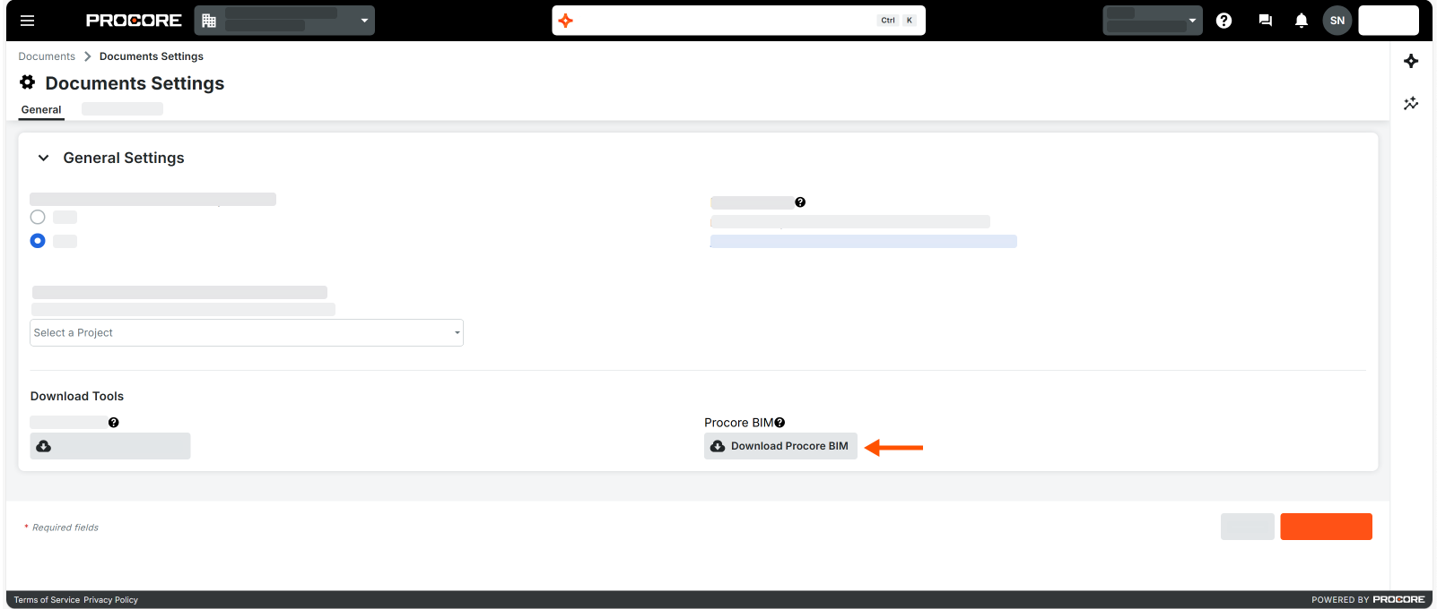 This is a partial SUI that shows the Download Procore BIM button in the project's Documents tool. 