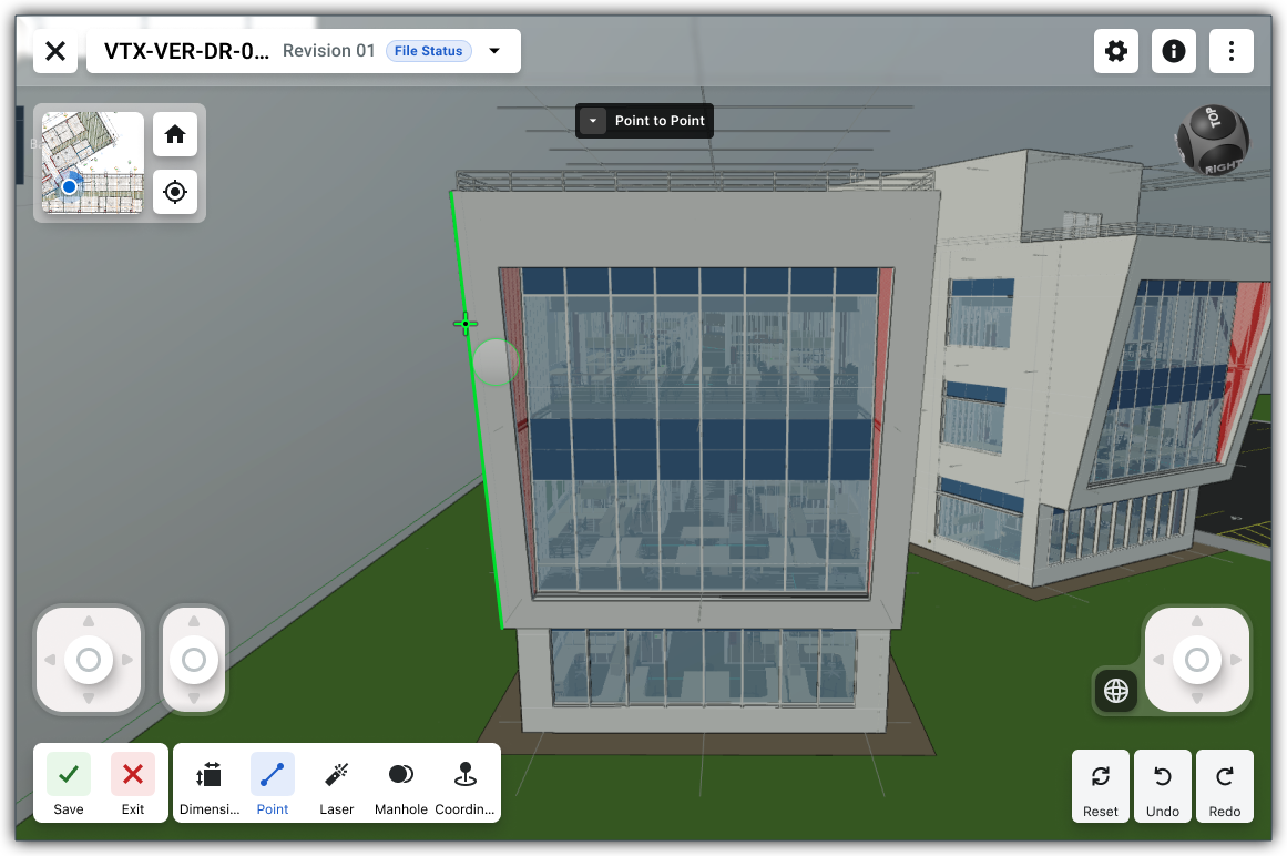 This image shows the Point-to-Point tool in the Model Manager Next-Gen Viewer with the line hovering on the edge of a building in a 3D model. 