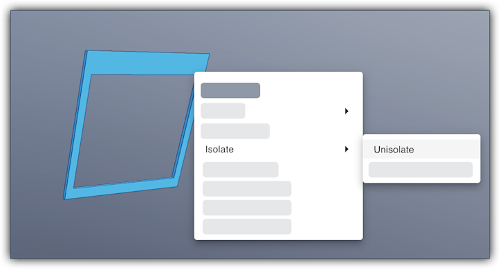 This image shows the Isolate > Unisolate option in the Actions menu of an isolated object in the Model Manager viewer.