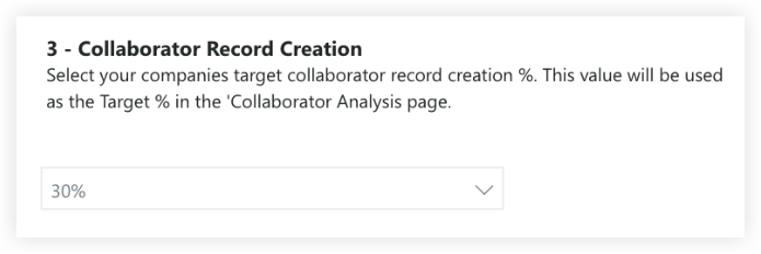 A settings panel for Collaborator Record Creation with a dropdown menu showing 30% as the selected target value.