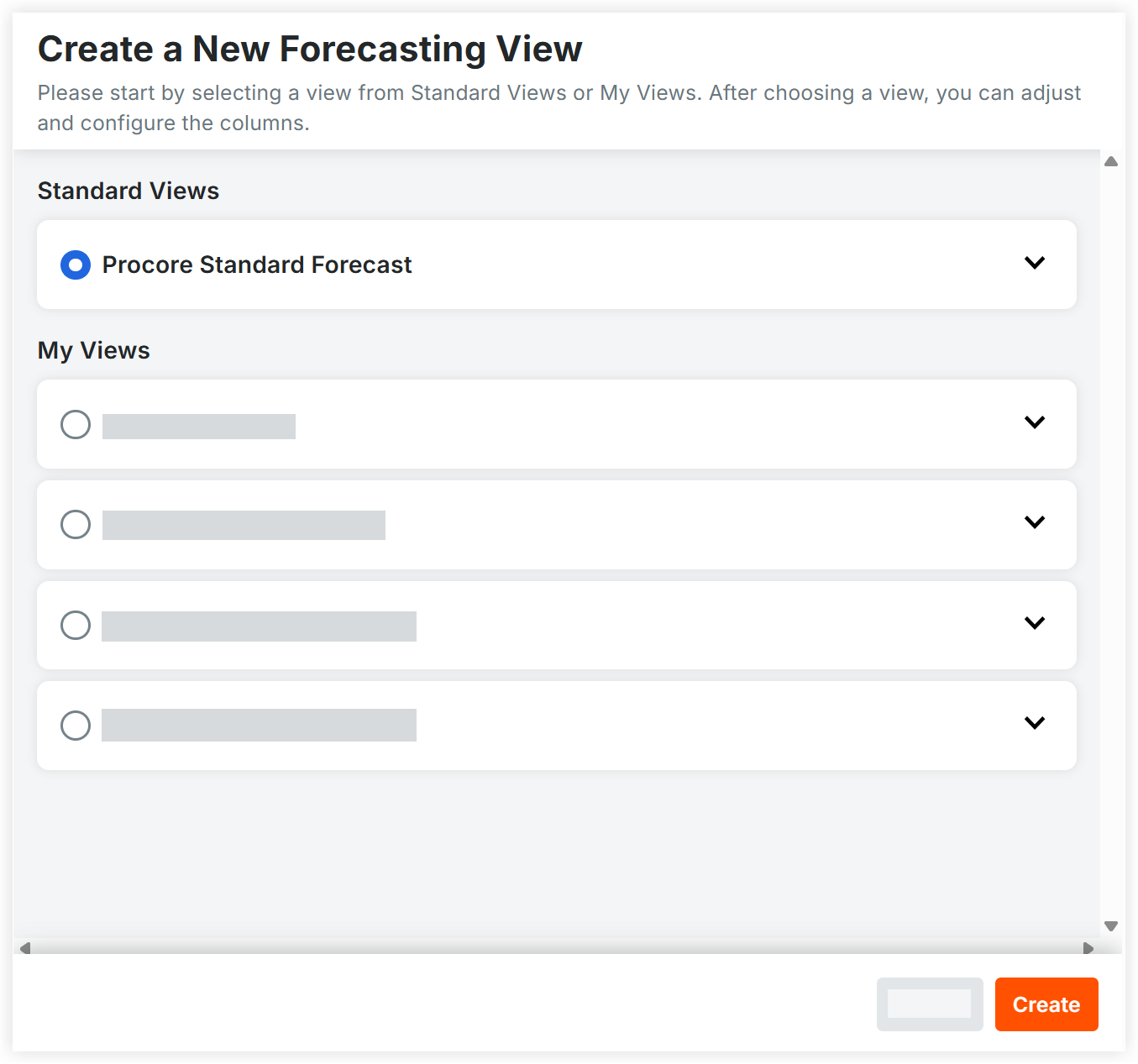 Dialog box for Create a New Forecasting View with Standard Views and My Views radio button options and a Create button.