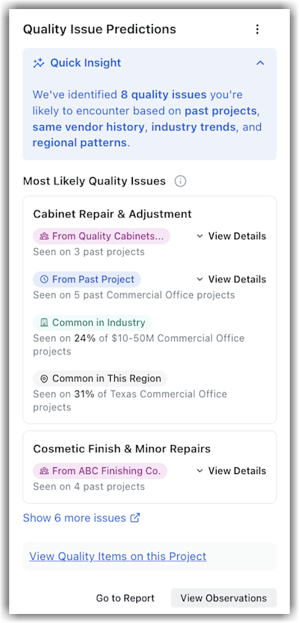 This image shows the Quality Issue Predictions Insights.