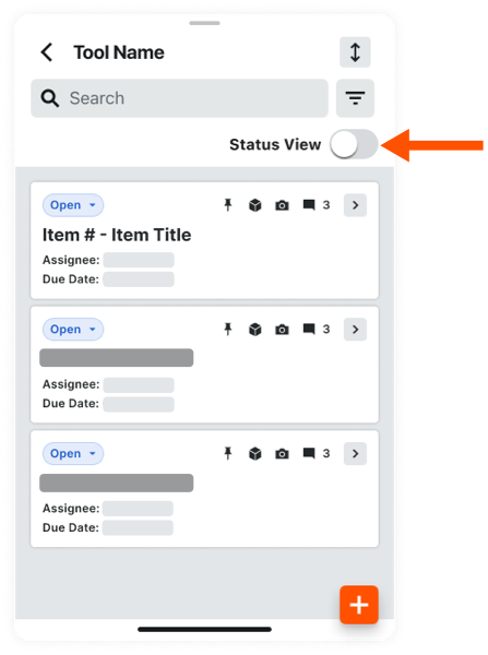 This image shows the Status View toggle in Connected BIM Items window of a supported Procore tool for the Model Manager.