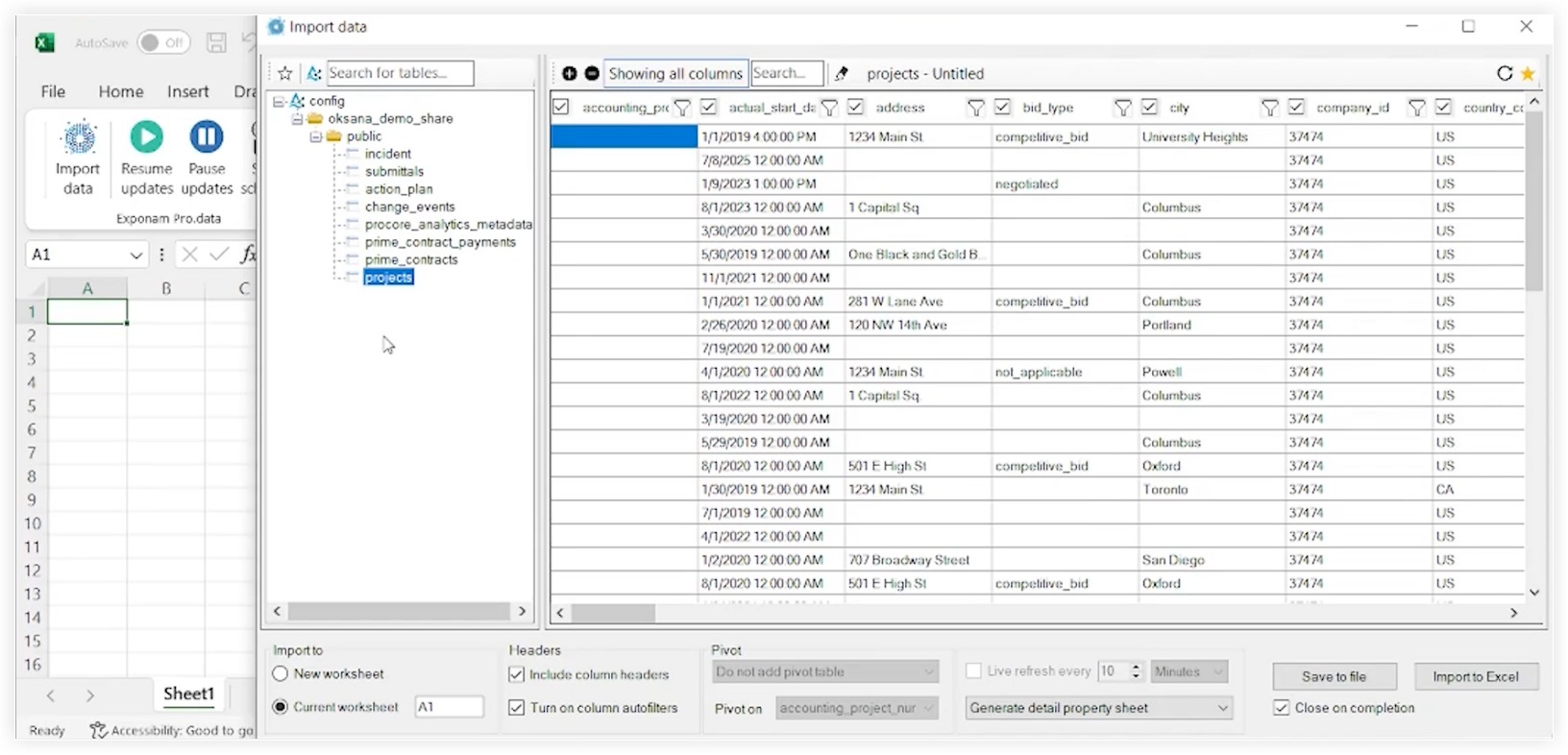 Analytics - Connect to Microsoft Excel Using Exponam - Select & filter data for import