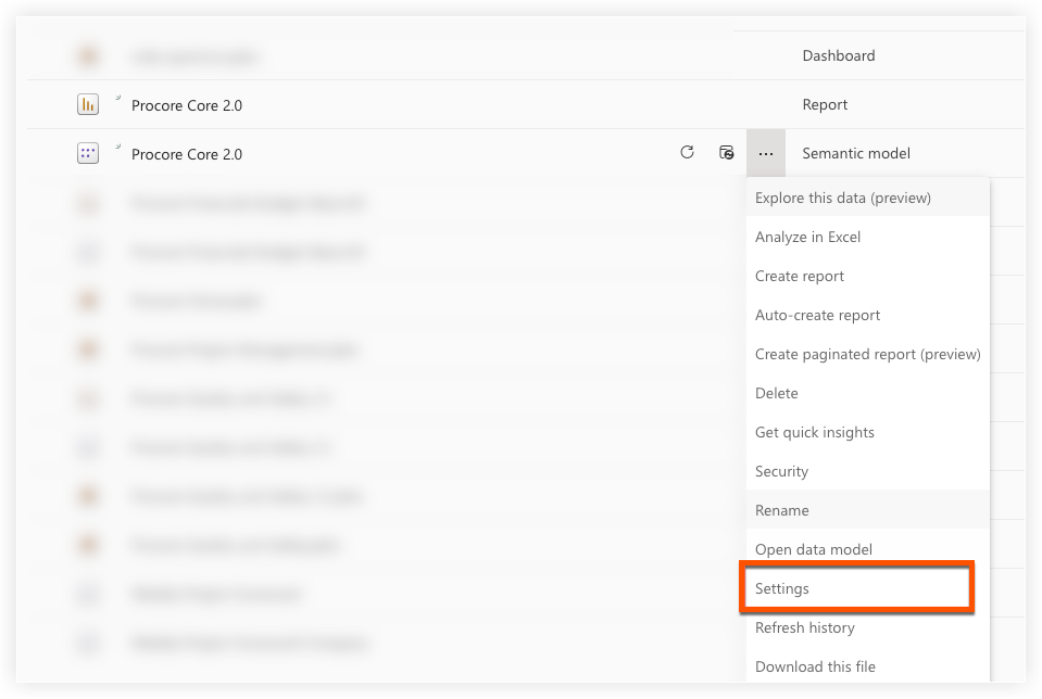 Procore Core 2.0 dashboard interface showing dropdown menu with Settings option highlighted in orange.
