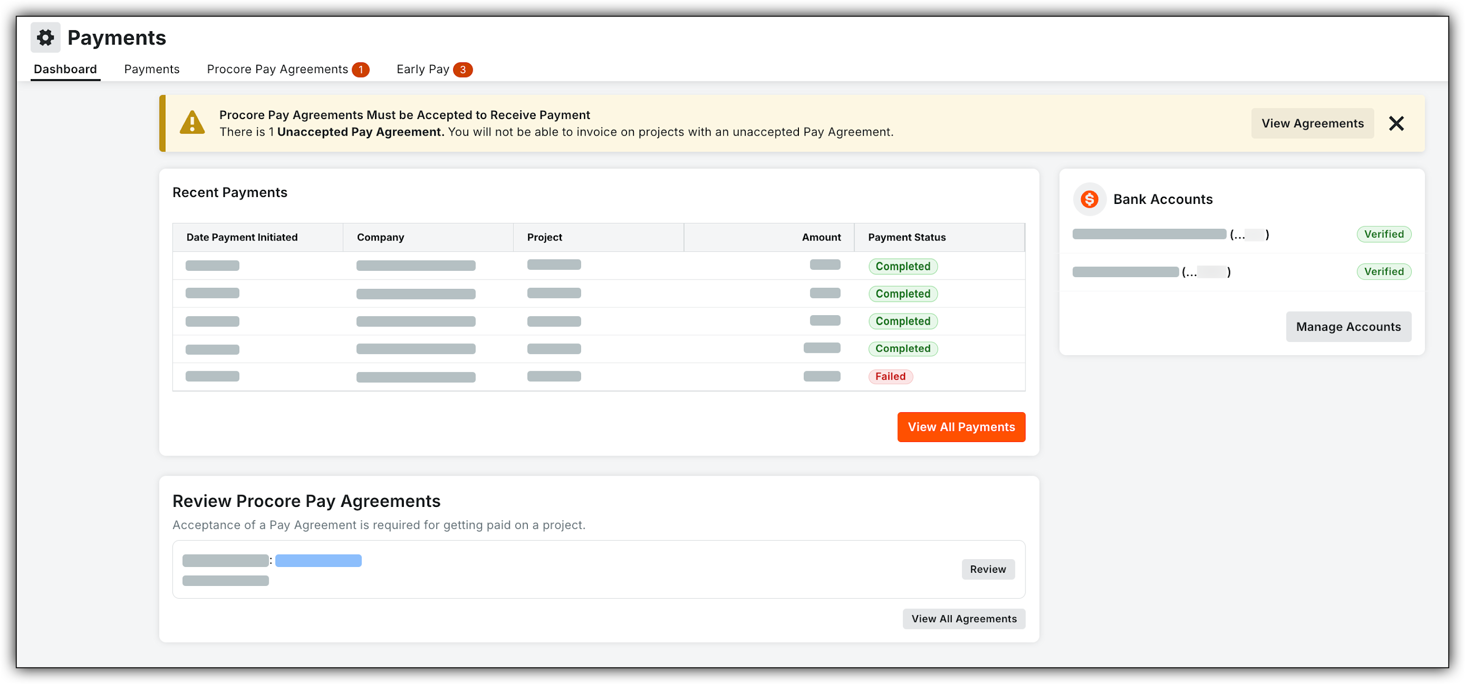 Payments dashboard showing recent transactions, unaccepted pay agreement warning, and bank account verification status.