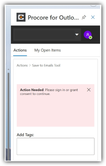 Procore for Outlook add-in showing an Action Needed alert asking users to sign in or grant consent to continue.