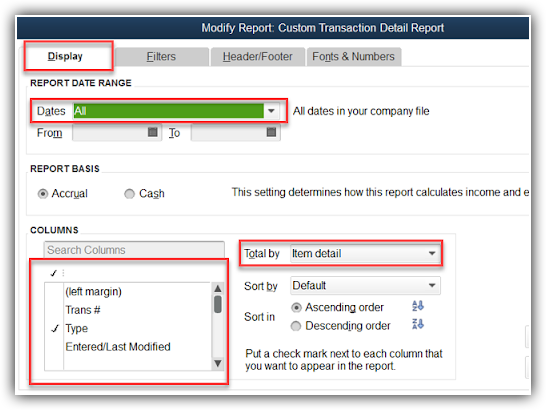 QuickBooks Modify Report screen showing Display tab with date range, report basis, and columns settings highlighted.
