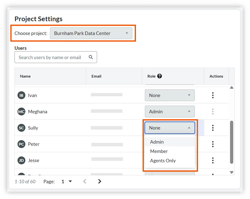 Give individual users Admin or Member role in a specific project