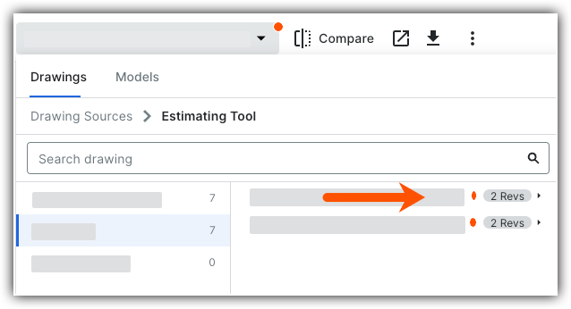 Software interface showing Estimating Tool with Drawings tab selected, search bar, and document list with revision counts.