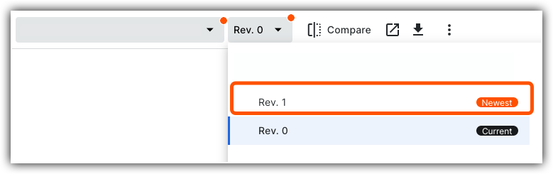 Document version control interface showing Rev. 1 (Newest) and Rev. 0 (Current) options with comparison tools.
