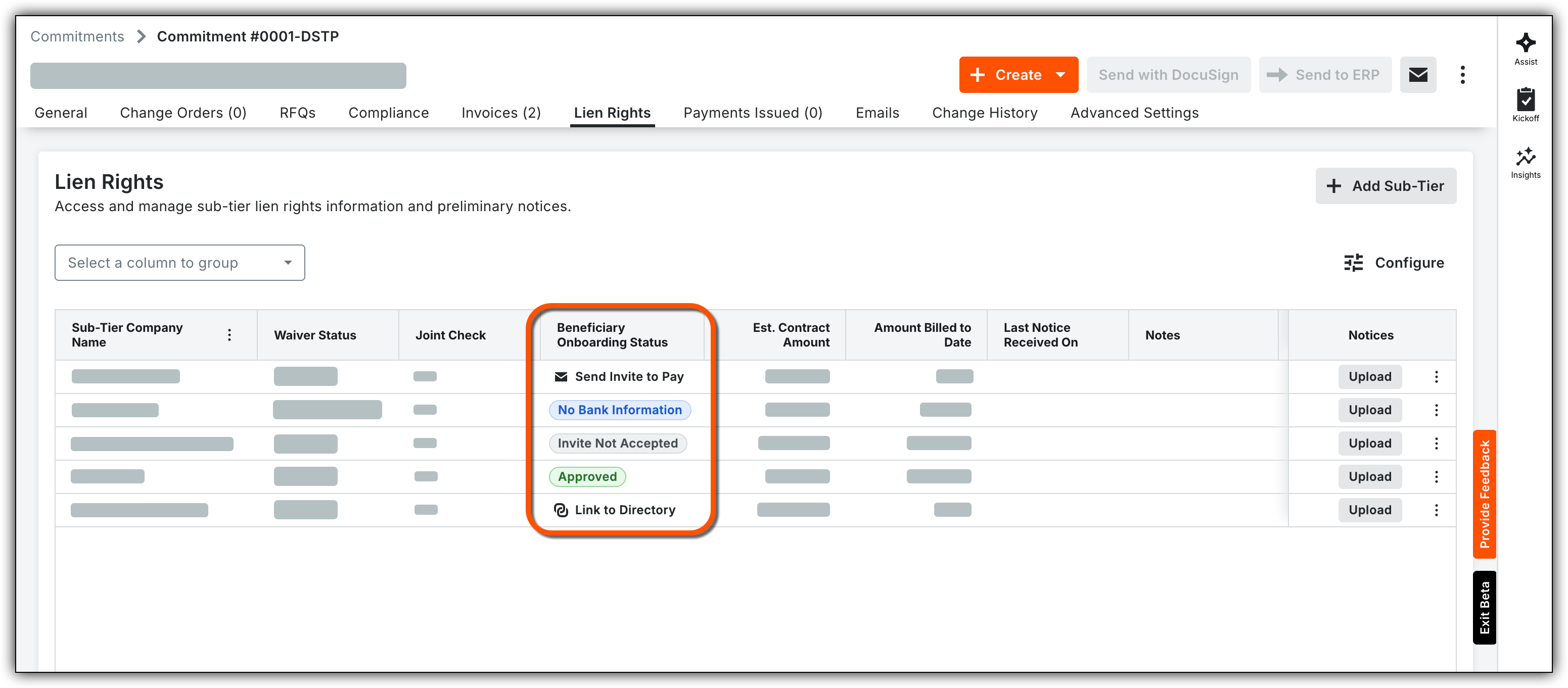Lien Rights management interface showing beneficiary onboarding status options highlighted in an orange box.
