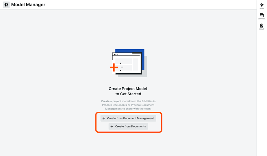 This image shows the Create from Document Management and Create from Documents buttons when the Model Manager tool is in an empty state and two document repositories are active in a Procore project.