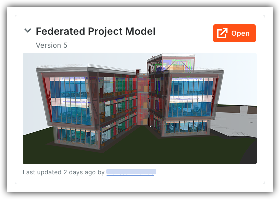 The Federated Project Model card in the Model Manager shows the latest federated model, including its version number, a thumbnail preview of the Home viewpoint, and the date and author of the last update. Click the Open button to launch the model in the Web Viewer. 