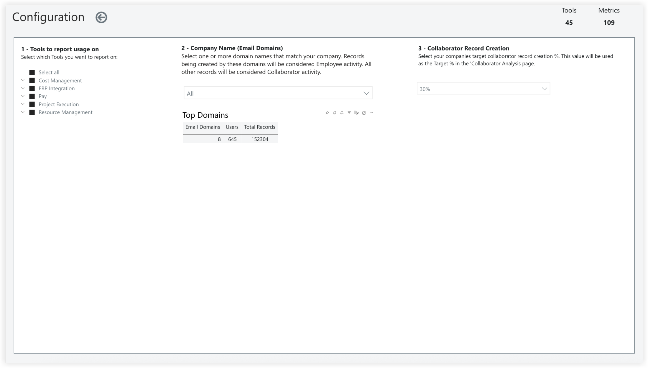 Configuration screen showing tool selection, company email domain settings, and collaborator record creation target percentage.
