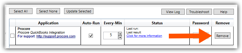 Screenshot of Procore QuickBooks Integration settings with an orange arrow pointing to the Remove button.