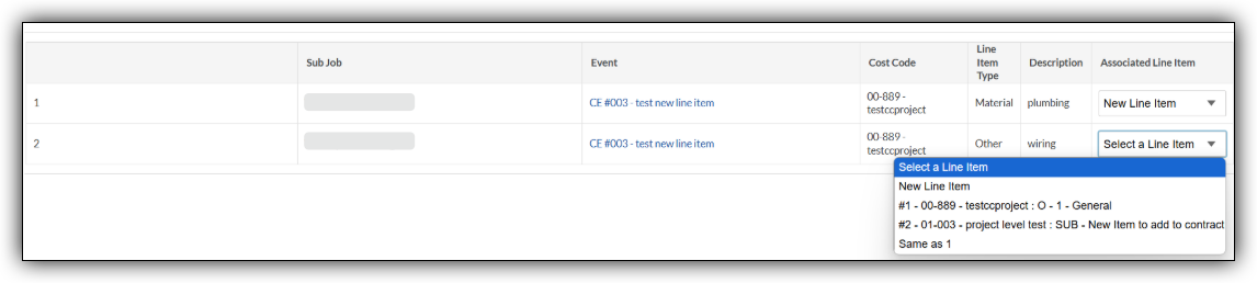 A project cost management table showing line items with a dropdown menu open displaying options to select or create associated line items.