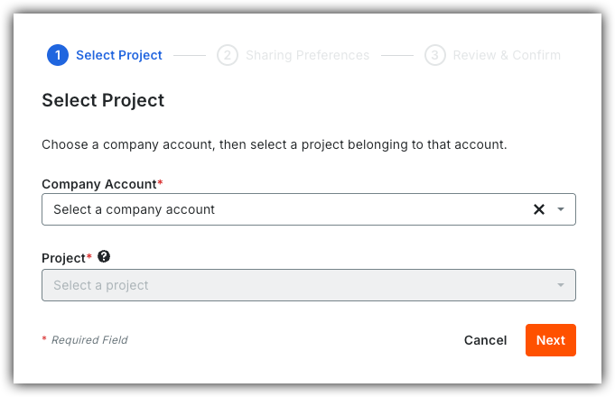 Step 1 of 3 dialog box to select a project, with dropdown fields for Company Account and Project, and Cancel and Next buttons.