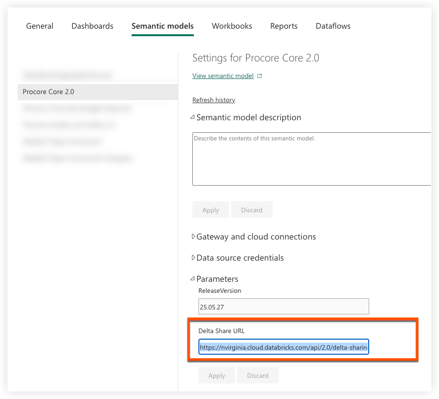 Settings interface for Procore Core 2.0 showing semantic model configuration with parameters and Delta Share URL field highlighted.
