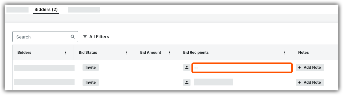 Bidders list with two rows showing Invite status, Bid Recipients column highlighted in orange on an empty field.