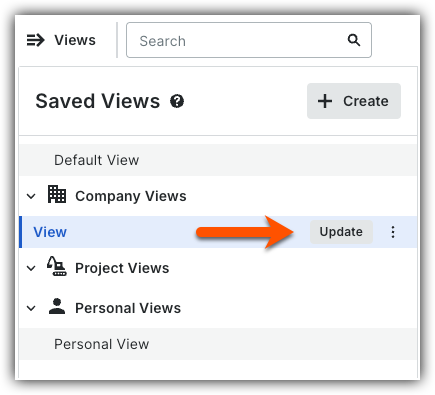 Interface showing Saved Views menu with Company, Project, and Personal categories, with an orange arrow pointing to Update button.