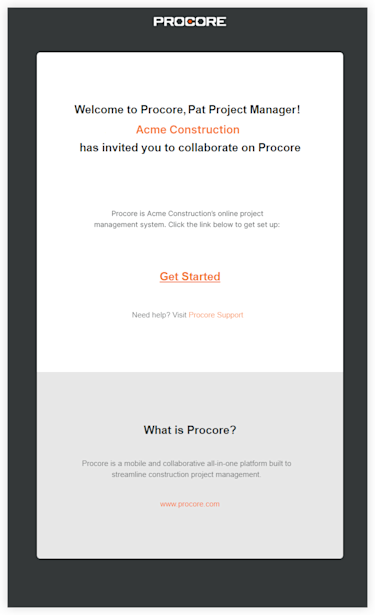 Procore welcome email inviting Pat Project Manager to collaborate with Acme Construction, featuring a Get Started button.