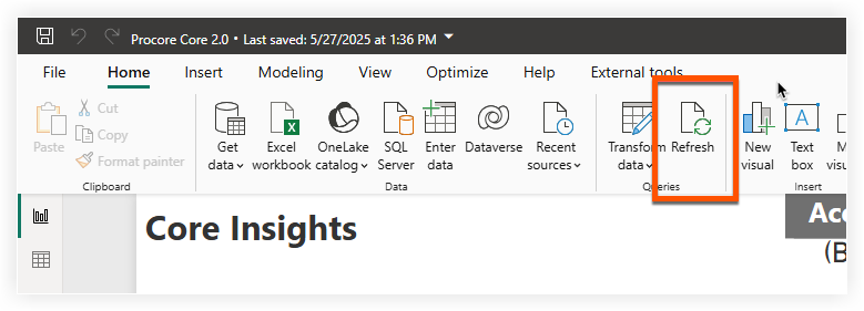 Procore Core 2.0 interface showing data management toolbar with Refresh button highlighted in orange
