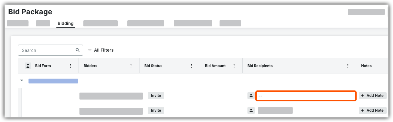 Bid Package interface showing the Bidding tab with columns for Bid Form, Bidders, Bid Status, Bid Amount, and Bid Recipients, with an orange-highlighted empty Bid Recipients field.