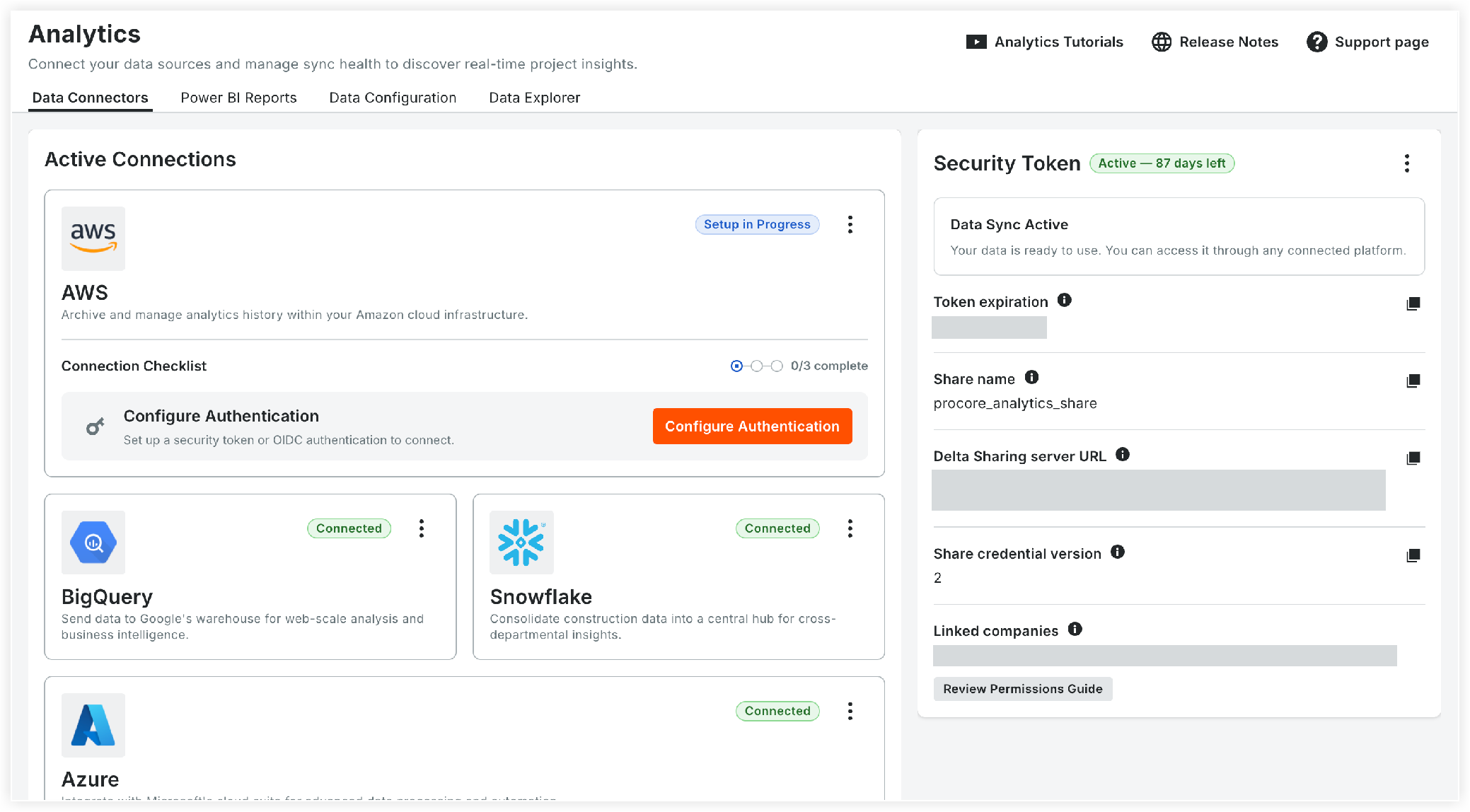 Analytics dashboard showing active data connectors for AWS, BigQuery, Snowflake, and Azure, with a Security Token panel on the right.