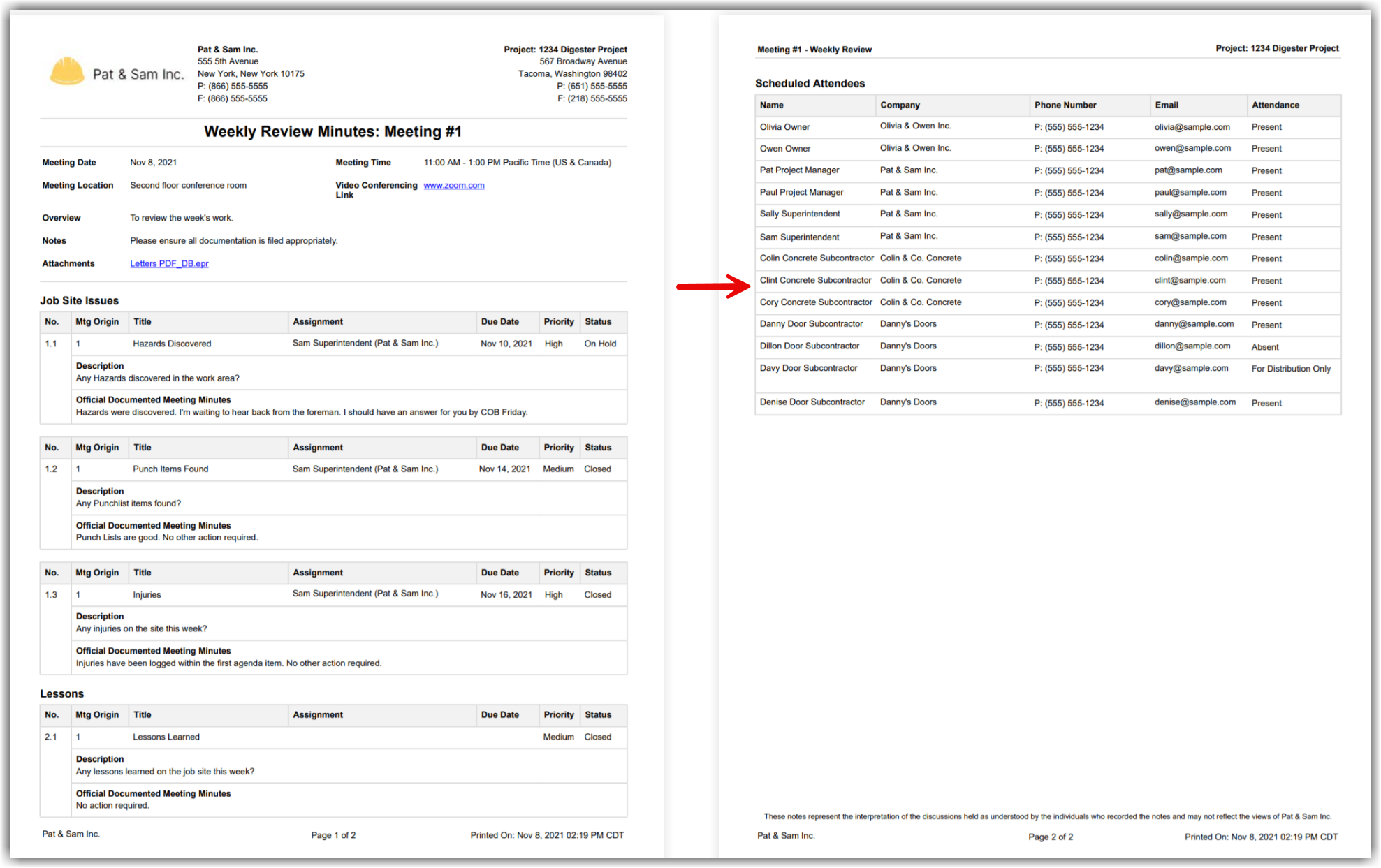 This image is an example of the attendee table moved to end of the exported meetings PD.