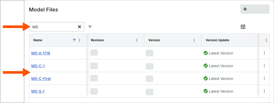 This image shows a search for matching files in the Model Files card in the Admin View of the Model Manager landing page. 
