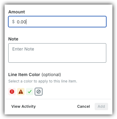 Form with Amount field showing $0.00, a Note text area, color options including red, yellow, green, and gray icons.