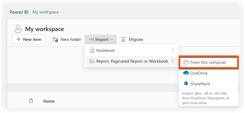 Power BI workspace interface showing import options with 