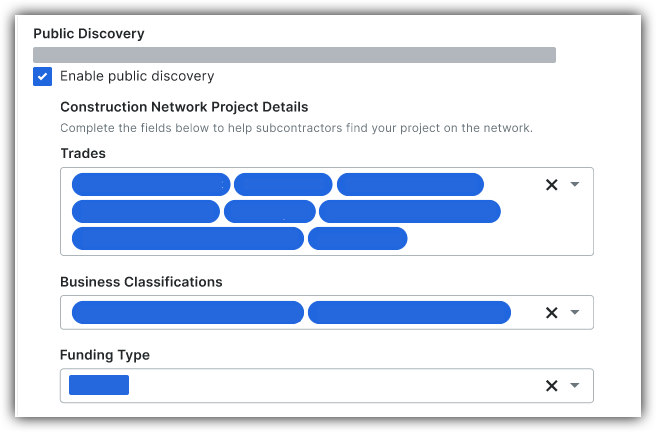 Public discovery settings fields for construction network projects showing trades, business classifications, and funding type fields.