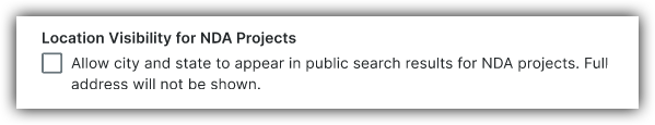 Checkbox option for allowing city and state to appear in public search results for NDA projects, with privacy note.