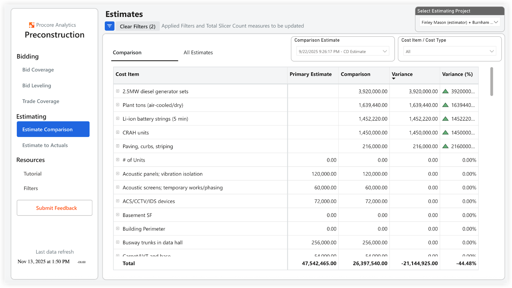 Procore Analytics Preconstruction Report - Estimate Comparison Page