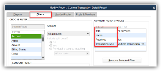 Modify Report dialog showing Filters tab with Account filter selected and Current Filter Choices panel highlighted on the right.