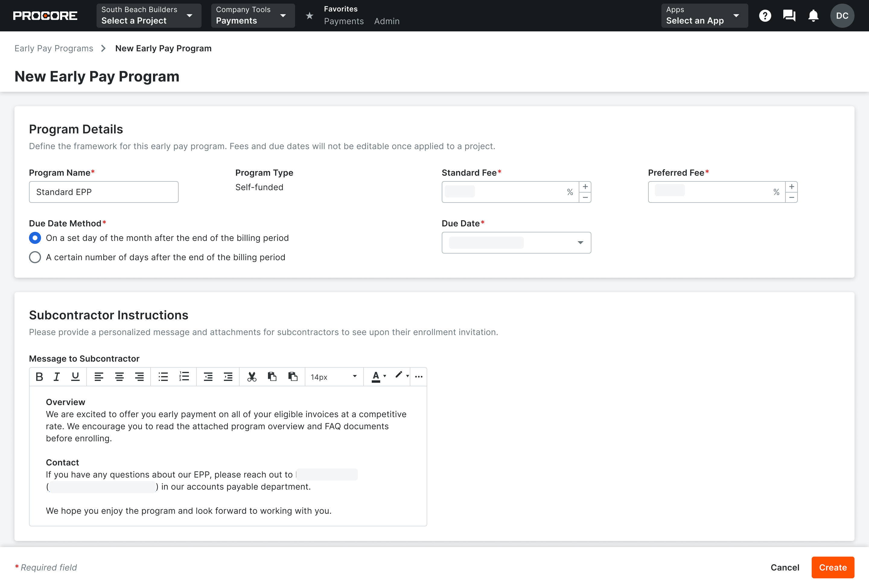 Procore interface showing New Early Pay Program setup form with program details and subcontractor message editor.