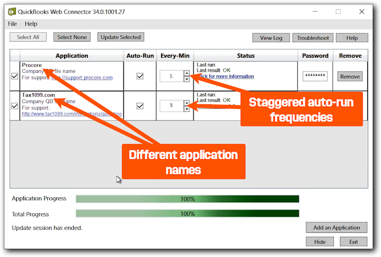 QuickBooks Web Connector interface showing different application names and staggered auto-run frequencies for connected services.