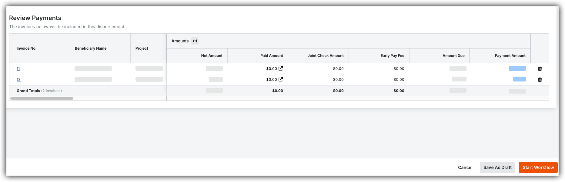 Review Payments screen showing a table with 2 invoices, payment amounts, and options to Cancel, Save As Draft, or Start Workflow.