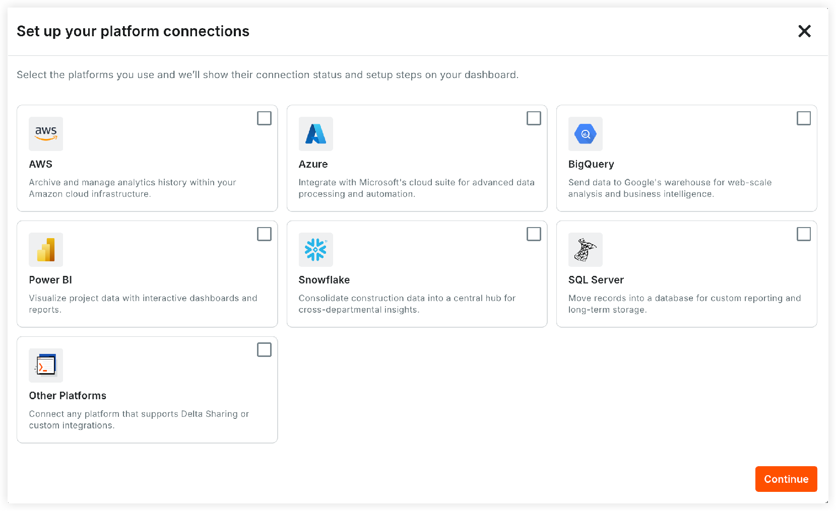 Dialog for setting up platform connections showing selectable options: AWS, Azure, BigQuery, Power BI, Snowflake, SQL Server, and Other Platforms.