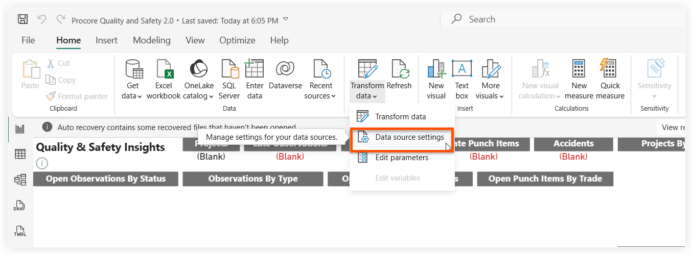 Power BI interface showing Quality & Safety dashboard with Data source settings option highlighted in dropdown menu.