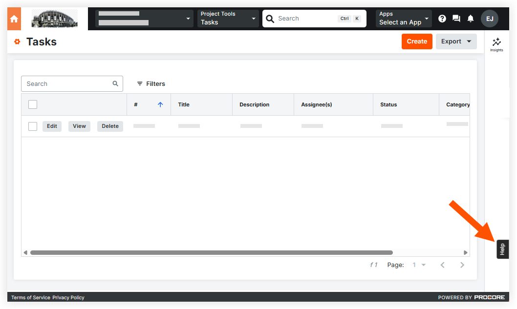The Help button that companies can add to some Procore application pages that brings user to a relevant support article. 