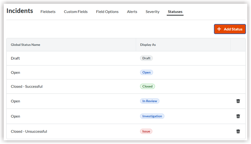 Incidents management interface showing status options including Draft, Open, Closed, In Review, Investigation, and Issue with an Add Status button.