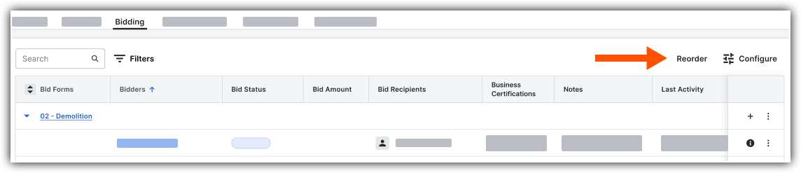 Bidding tab interface with a red arrow pointing to the Reorder button, alongside a Configure option in the top right.