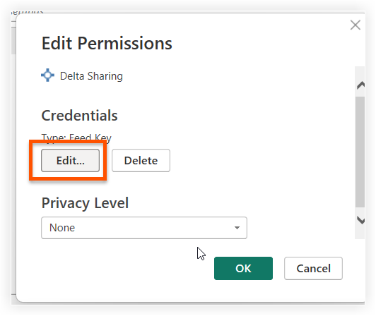 Edit Permissions dialog showing Delta Sharing credentials with Edit button highlighted and Privacy Level dropdown set to None.
