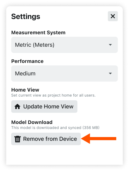 This image shows the Remove from Device button for a Model Download for a Model Snapshots from the Procore Mobile app (iOS/Android)