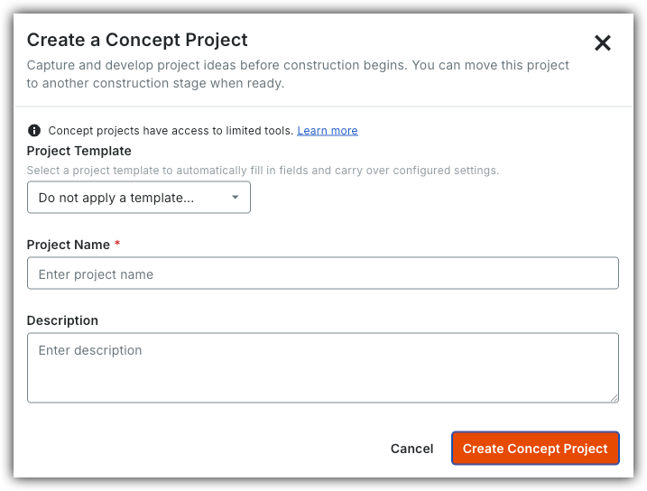 Dialog box for creating a concept project with fields for template selection, project name, and description.