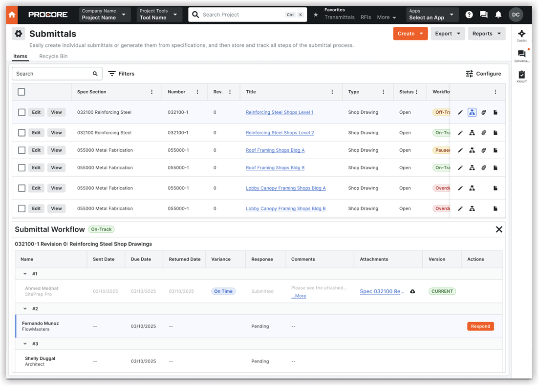 Procore construction management software interface showing submittals tracking page with reinforcing steel and metal fabrication items.