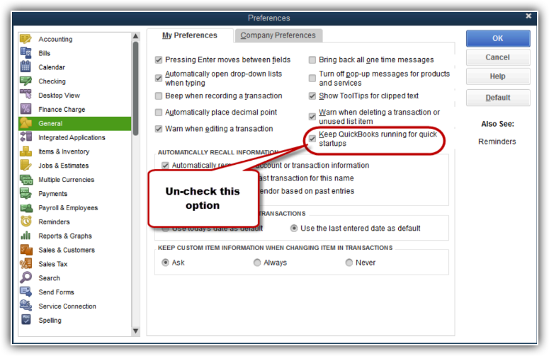 QuickBooks Preferences window showing General settings with a callout to uncheck 